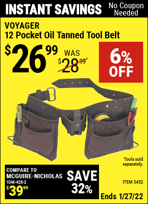 Buy the VOYAGER 12 Pocket Oil Tanned Tool Belt (Item 03452) for $26.99, valid through 1/27/2022.
