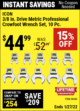 Buy the ICON 3/8 in. Drive Metric Professional Crowfoot Wrench Set – 10 Pc. (Item 56382) for $44.99, valid through 1/27/2022.