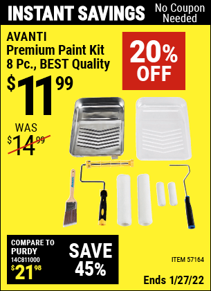 Buy the AVANTI 8 Pc Premium Paint Kit – BEST Quality (Item 57164) for $11.99, valid through 1/27/2022.