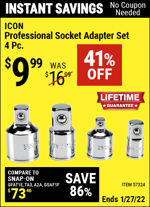 Buy the ICON Professional Socket Adapter Set – 4 Pc. (Item 57324) for $9.99, valid through 1/27/2022.