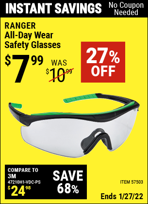 Buy the RANGER All-Day Wear Safety Glasses (Item 57503) for $7.99, valid through 1/27/2022.