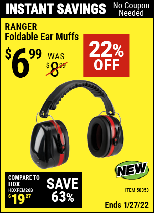 Buy the RANGER Foldable Ear Muffs (Item 58353) for $6.99, valid through 1/27/2022.