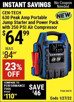 Buy the CEN-TECH 630 Peak Amp Portable Jump Starter and Power Pack with 250 PSI Air Compressor (Item 58978) for $64.99, valid through 1/27/2022.