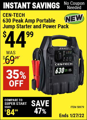 Buy the CEN-TECH 630 Peak Amp Portable Jump Starter and Power Pack (Item 58979) for $44.99, valid through 1/27/2022.
