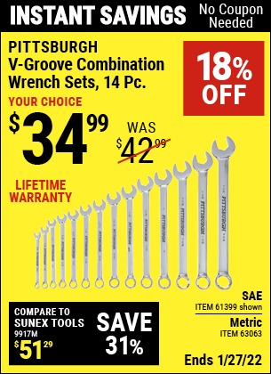 Buy the PITTSBURGH SAE V-Groove Combination Wrench Set 14 Pc. (Item 61399/63063) for $34.99, valid through 1/27/2022.