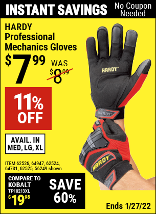 Buy the HARDY Professional Mechanic's Gloves Large (Item 62525/56249/64731/62524/64947/62526) for $7.99, valid through 1/27/2022.