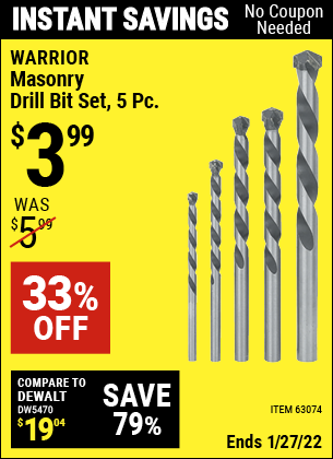 Buy the WARRIOR Masonry Drill Bit Set 5 Pc. (Item 63074) for $3.99, valid through 1/27/2022.