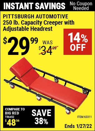 Buy the PITTSBURGH AUTOMOTIVE 250 Lbs. Capacity Heavy Duty Creeper With Adjustable Headrest (Item 63311) for $29.99, valid through 1/27/2022.