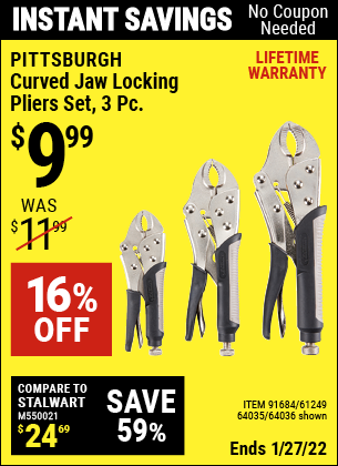 PITTSBURGH 3 Pc Curved Jaw Locking Pliers Set for $9.99 – Harbor ...