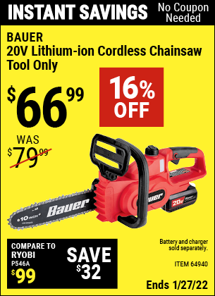 Buy the BAUER 20V Cordless Chainsaw (Tool Only) (Item 64940) for $66.99, valid through 1/27/2022.