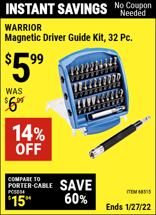 Buy the WARRIOR Magnetic Driver Guide Kit 32 Pc. (Item 68515) for $5.99, valid through 1/27/2022.