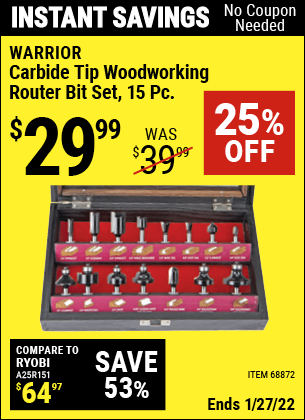 Buy the WARRIOR Carbide Tip Woodworking Router Bit Set Pc. (Item 68872) for $29.99, valid through 1/27/2022.