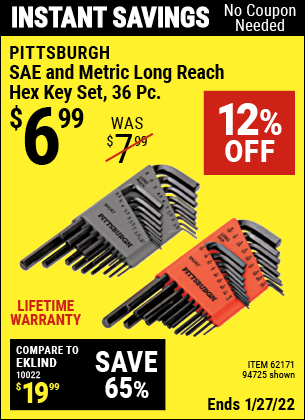 Buy the PITTSBURGH SAE & Metric Long Reach Hex Key Set 36 Pc. (Item 94725/62171) for $6.99, valid through 1/27/2022.