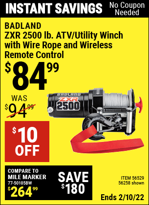 Buy the BADLAND 2500 Lb. ATV/Utility Electric Winch With Wireless Remote Control (Item 56258/56529) for $84.99, valid through 2/10/2022.