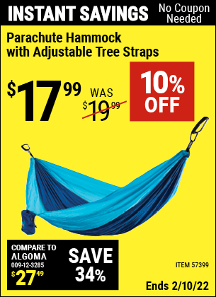 Buy the Parachute Hammock With Adjustable Tree Straps (Item 57399) for $17.99, valid through 2/10/2022.