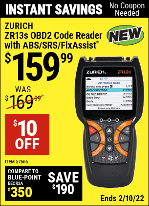 ZURICH ZR13S OBD2 Code Reader with ABS/SRS/FixAssist® for $159.99