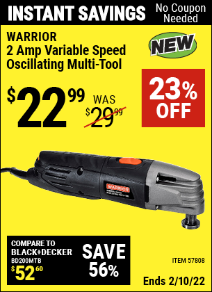 Buy the WARRIOR 2 Amp Variable Speed Oscillating Multi-Tool (Item 57808) for $22.99, valid through 2/10/2022.