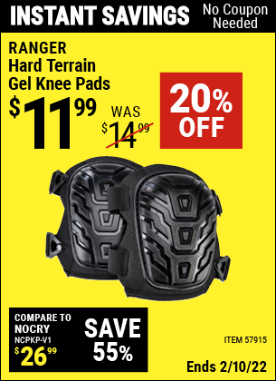 Buy the RANGER Hard Terrain Gel Knee Pads (Item 57915) for $11.99, valid through 2/10/2022.