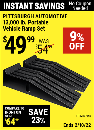 Buy the PITTSBURGH AUTOMOTIVE 13000 Lb. Portable Vehicle Ramp Set (Item 63956) for $49.99, valid through 2/10/2022.