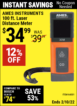 Buy the AMES 100 Ft. Laser Distance Meter (Item 64001) for $34.99, valid through 2/10/2022.