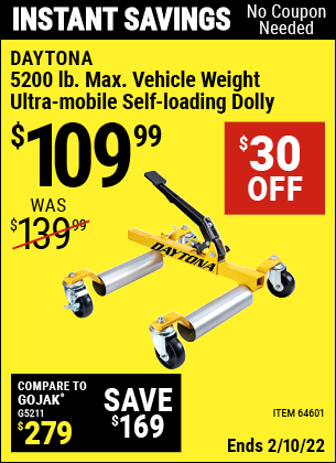 Buy the DAYTONA 5200 Lb. Max Vehicle Weight Ultra-Mobile Self-Loading Dolly (Item 64601) for $109.99, valid through 2/10/2022.