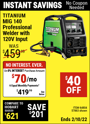 TITANIUM MIG 140 Professional Welder with 120 Volt Input for $419.99 ...