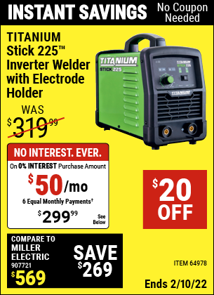 TITANIUM Stick 225 Inverter Welder with Electrode Holder for $299.99 ...