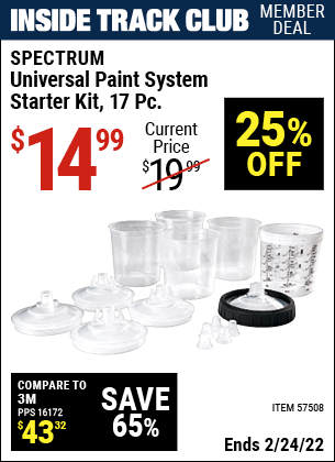 Inside Track Club members can buy the SPECTRUM Universal Paint System Starter Kit – 17 Pc. (Item 57508) for $14.99, valid through 2/24/2022.