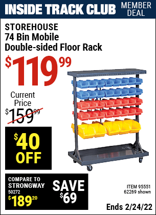 Inside Track Club members can buy the STOREHOUSE 74 Bin Mobile Double-Sided Floor Rack (Item 62269/95551) for $119.99, valid through 2/24/2022.