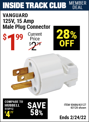 Inside Track Club members can buy the VANGUARD 125V 15 Amp Male Plug Connector (Item 63126/93686/63127) for $1.99, valid through 2/24/2022.