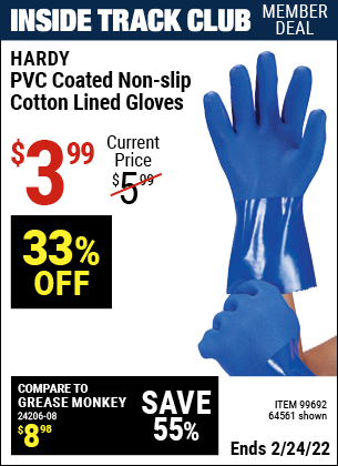 Inside Track Club members can buy the HARDY PVC Coated Non-Slip Cotton Lined Gloves (Item 99692/99692) for $3.99, valid through 2/24/2022.