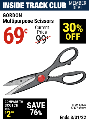 Inside Track Club members can buy the GORDON Multipurpose Scissors (Item 47877/63520) for $0.69, valid through 3/31/2022.