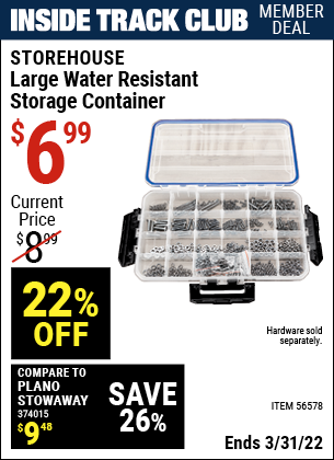 Inside Track Club members can buy the STOREHOUSE Large Organizer IP55 Rated (Item 56578) for $6.99, valid through 3/31/2022.