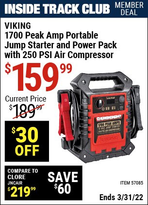 Inside Track Club members can buy the VIKING 1700 Peak Amp Portable Jump Starter And Power Pack With 250 PSI Air Compressor (Item 57085) for $159.99, valid through 3/31/2022.