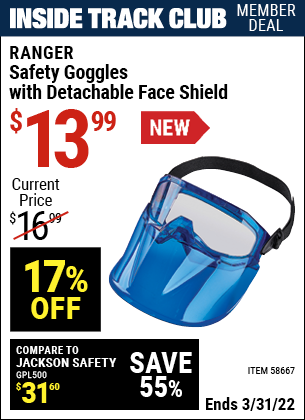Inside Track Club members can buy the RANGER Detachable Goggle Face Shield (Item 58667) for $13.99, valid through 3/31/2022.