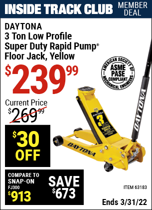 DAYTONA 3 ton Low Profile Super Duty Rapid Pump® Floor Jack – Yellow – Item  63183 – Harbor Freight Coupons