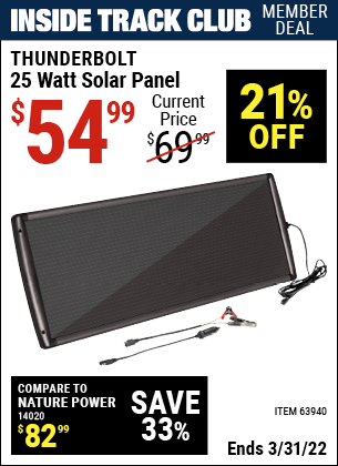 Inside Track Club members can buy the THUNDERBOLT 25 Watt Solar Panel (Item 63940) for $54.99, valid through 3/31/2022.