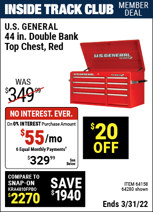 Inside Track Club members can buy the U.S. GENERAL 44 in. Double Bank Top Chest – Red (Item 64280/64158) for $329.99, valid through 3/31/2022.