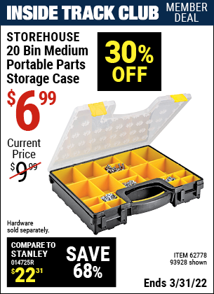 Inside Track Club members can buy the STOREHOUSE 20 Bin Medium Portable Parts Storage Case (Item 93928/62778) for $6.99, valid through 3/31/2022.