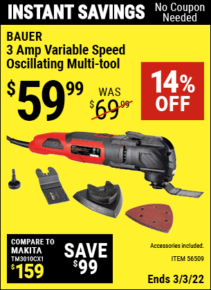 Buy the BAUER 3A Variable Speed Oscillating Multi-Tool (Item 56509) for $59.99, valid through 3/3/2022.