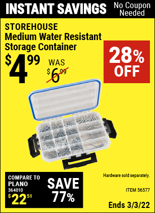 Buy the STOREHOUSE Medium Organizer IP55 Rated (Item 56577) for $4.99, valid through 3/3/2022.