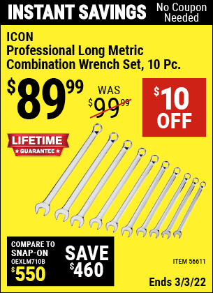 Buy the ICON Professional Long Metric Combination Wrench Set, 10 Pc. (Item 56611) for $89.99, valid through 3/3/2022.