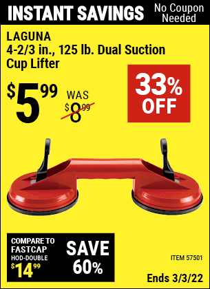 Buy the LAGUNA 4-2/3 in. Dual Suction Cup Lifter – 125 lb. (Item 57501) for $5.99, valid through 3/3/2022.