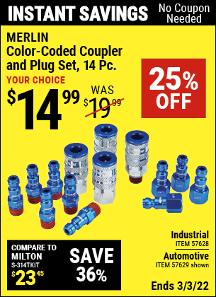 Buy the MERLIN Color-Coded Automotive Coupler And Plug Set – 14 Pc. (Item 57629/57628) for $14.99, valid through 3/3/2022.
