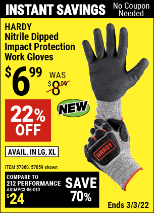 Buy the HARDY Nitrile Dipped Impact Protection Work Gloves – Large (Item 57860/57859) for $6.99, valid through 3/3/2022.