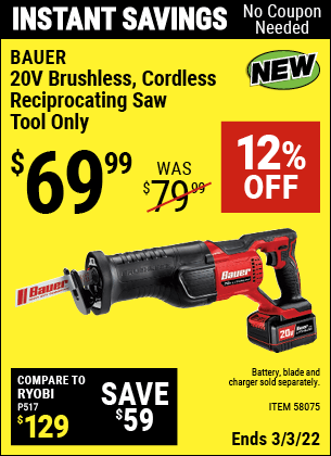 BAUER 20v Brushless Cordless Reciprocating Saw – Tool Only for $69.99 ...