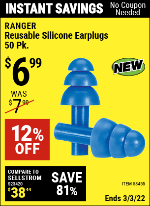 Buy the RANGER Reusable Silicone Earplugs – 50 Pk. (Item 58455) for $6.99, valid through 3/3/2022.