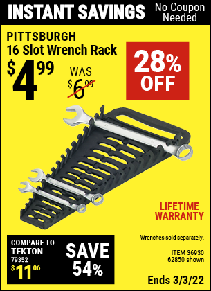 Buy the PITTSBURGH 16 Slot Wrench Rack (Item 62850/36930) for $4.99, valid through 3/3/2022.