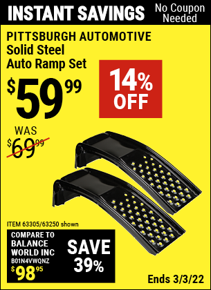 Buy the PITTSBURGH AUTOMOTIVE Solid Steel Auto Ramp Set (Item 63250/63305) for $59.99, valid through 3/3/2022.