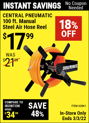 Buy the CENTRAL PNEUMATIC 100 Ft. Manual Steel Air Hose Reel (Item 63861) for $17.99, valid through 3/3/2022.